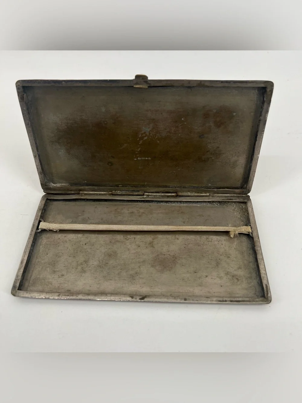 Vintage Brass Etched Cigarette Case Elastic Band Ornate Elephants Hunting Patina